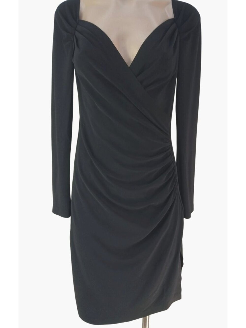 Norma Kamali Black Long Sleeve Sweetheart Neckline Ruched Dress Size S Bodycon